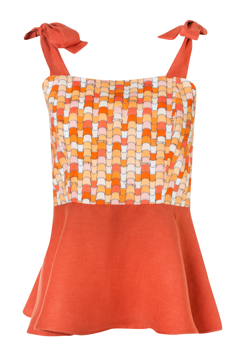 Sprout Top - Ruffled Linen Top with Printed Details (Terracotta Tiles/Terracotta)