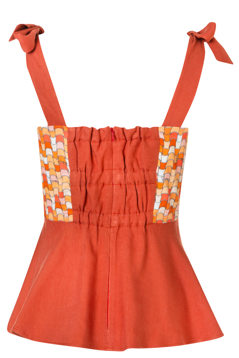 Sprout Top - Ruffled Linen Top with Printed Details (Terracotta Tiles/Terracotta)