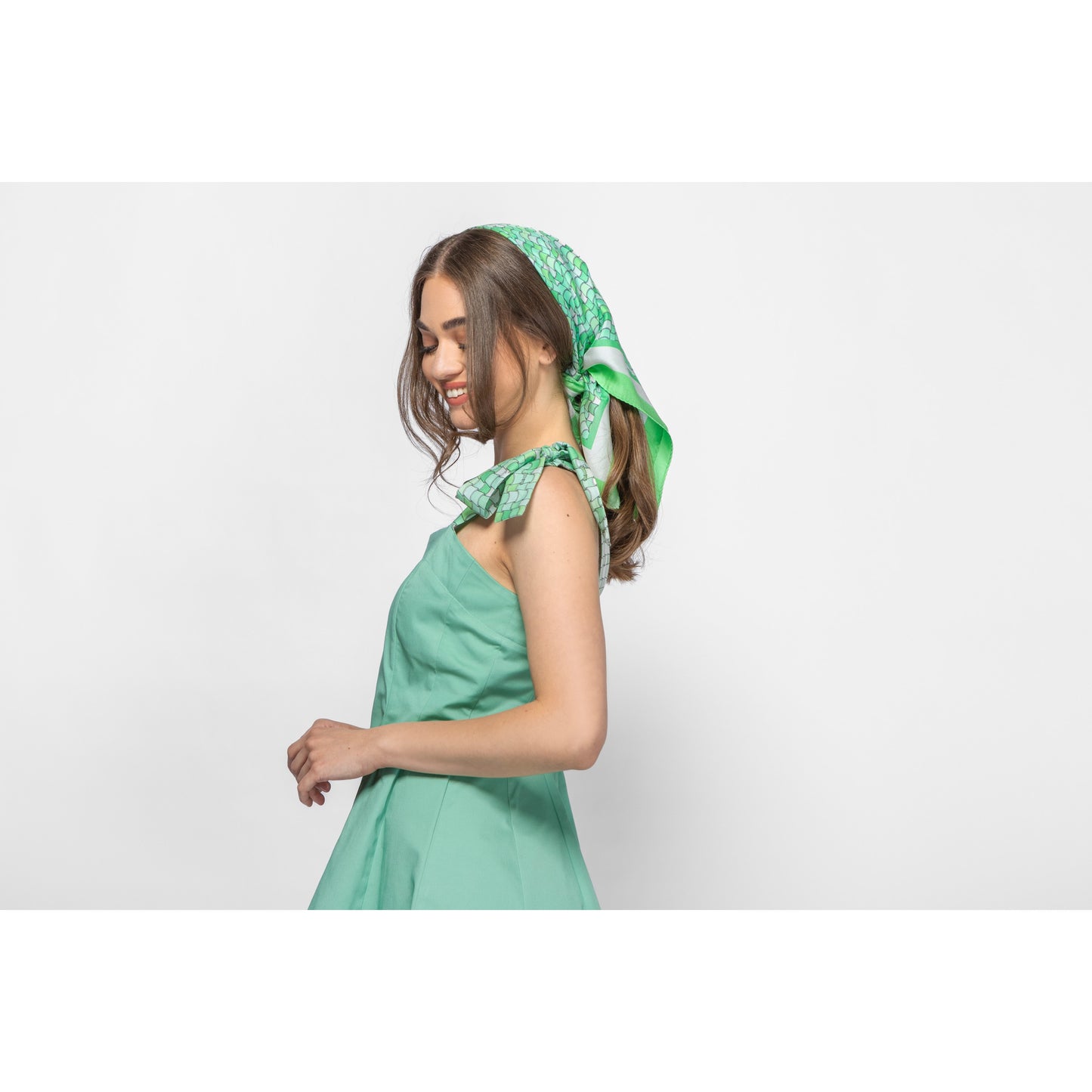 Green Tiles Printed Silk Scarf - 70x70cm