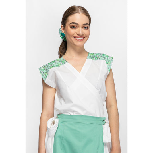 Sun Top - Wrap Cotton Top with Printed Details (Green Tiles/White)