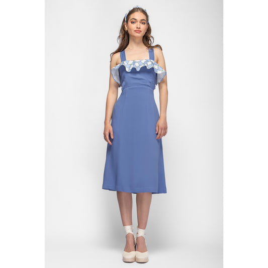 Flower Dress - Midi Viscose Dress with Cutouts and Printed Frill