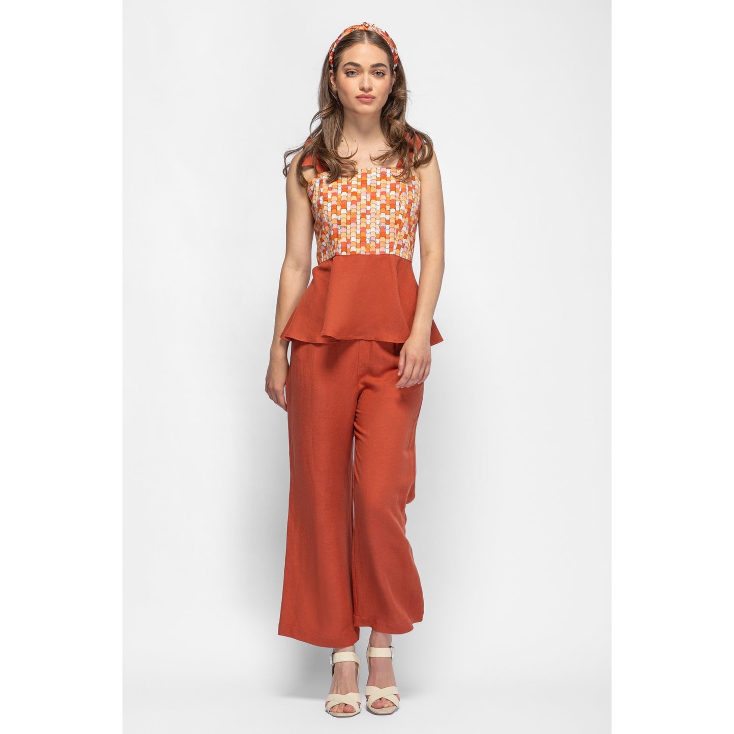Sprout Top - Ruffled Linen Top with Printed Details (Terracotta Tiles/Terracotta)