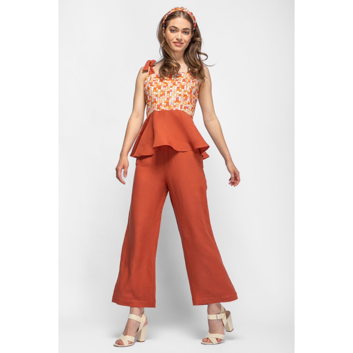 Sprout Top - Ruffled Linen Top with Printed Details (Terracotta Tiles/Terracotta)