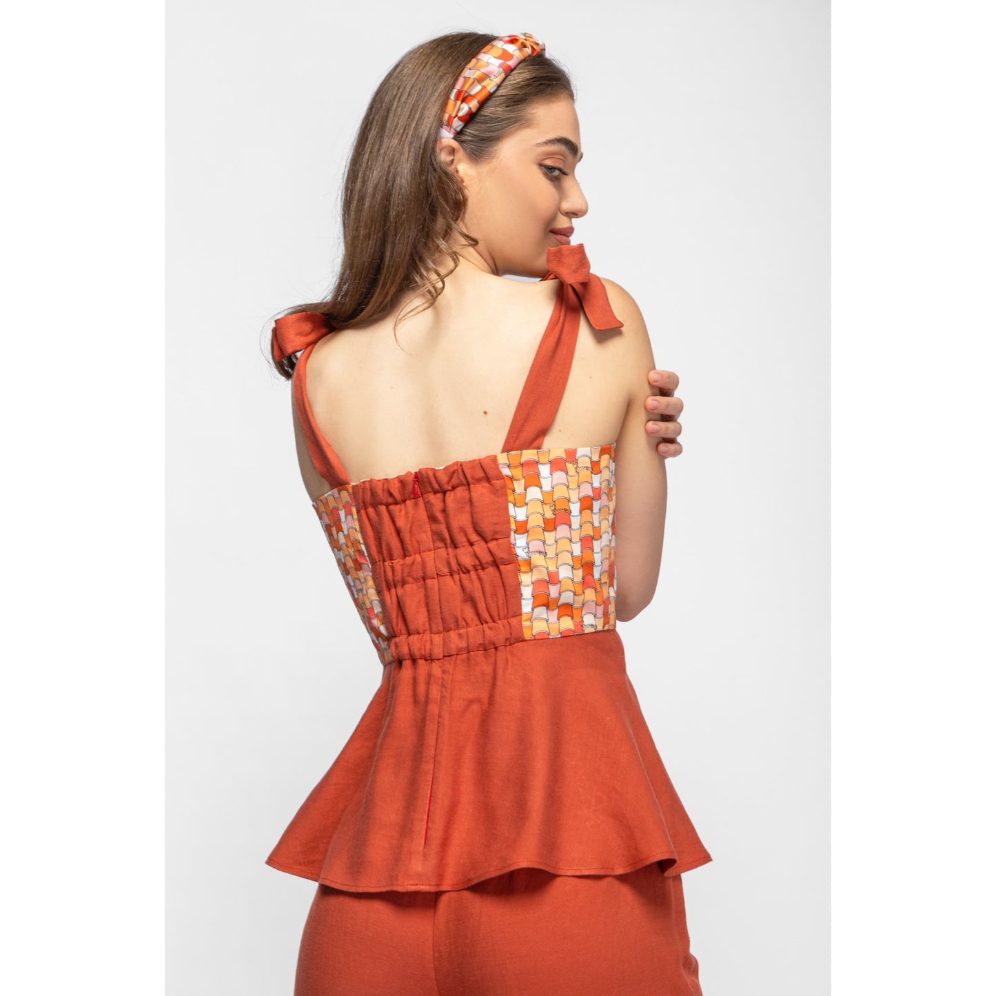Sprout Top - Ruffled Linen Top with Printed Details (Terracotta Tiles/Terracotta)