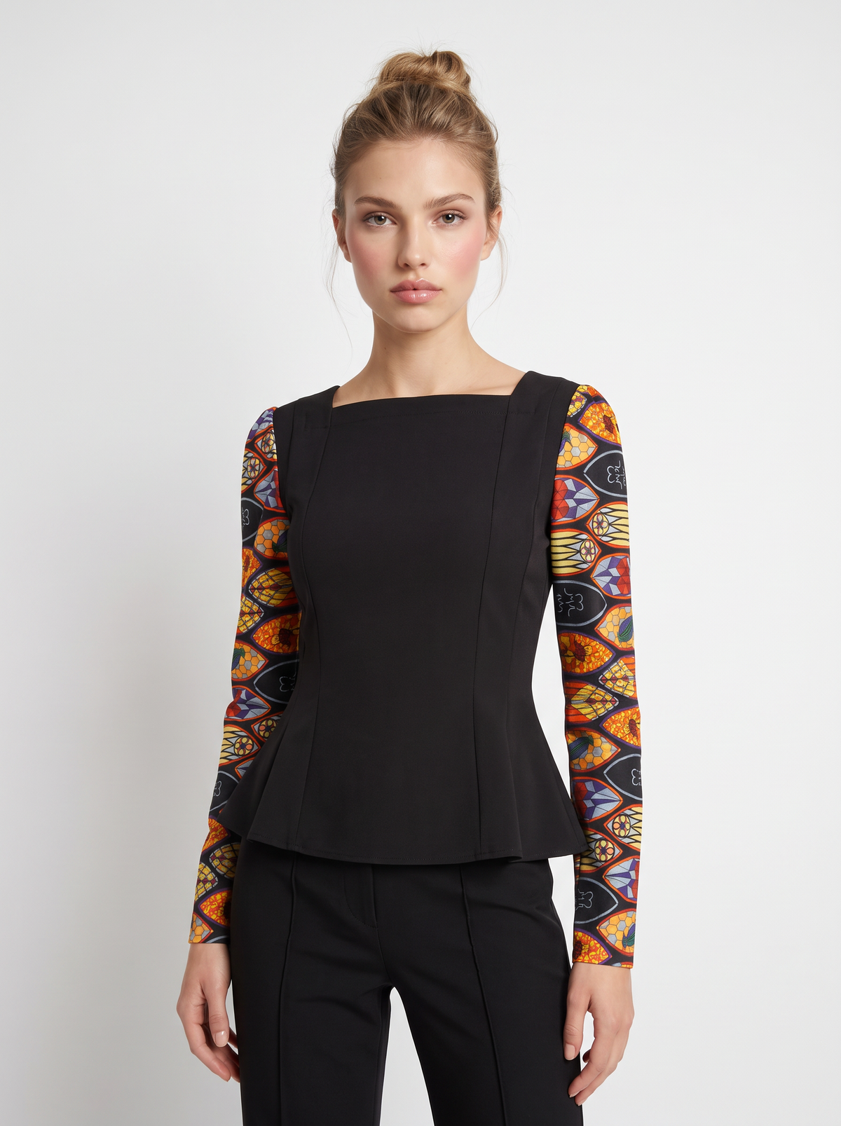 Caitlin Top - Panelled Cotton Top with Printed Sleeves