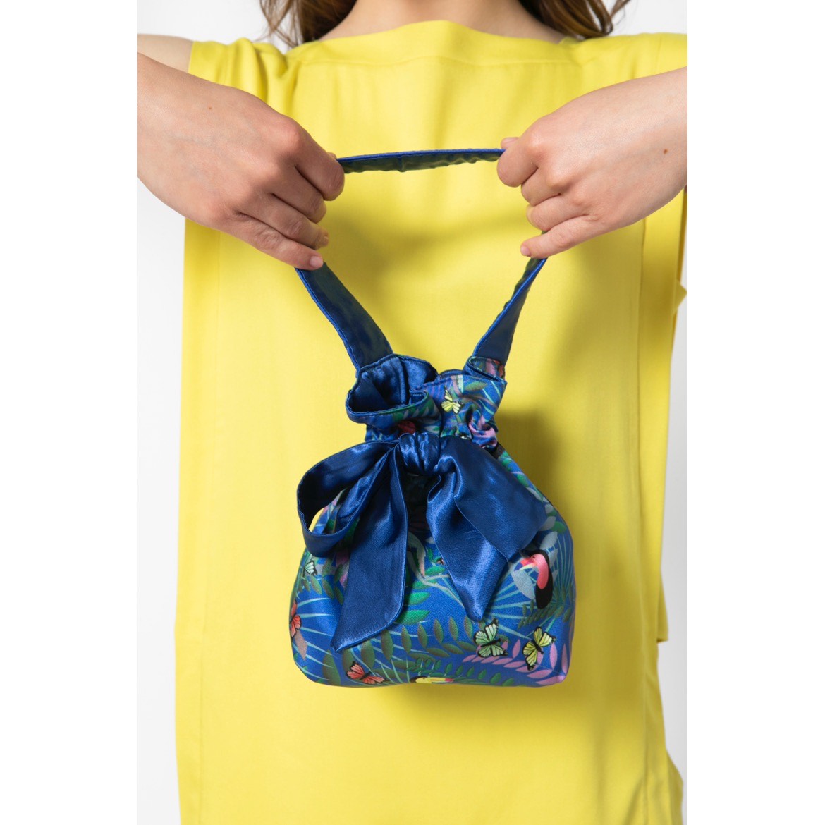 Blue Satin & Fauna Blue Mini Reversible Bucket Bag