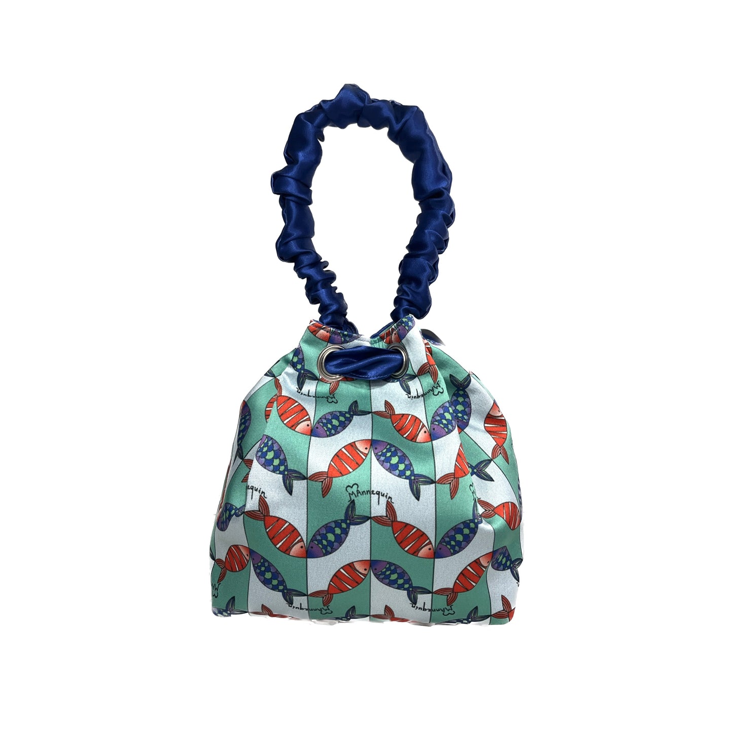 BLUE SATIN & FISHEVRON MOTIF MINI REVERSIBLE BUCKET BAG