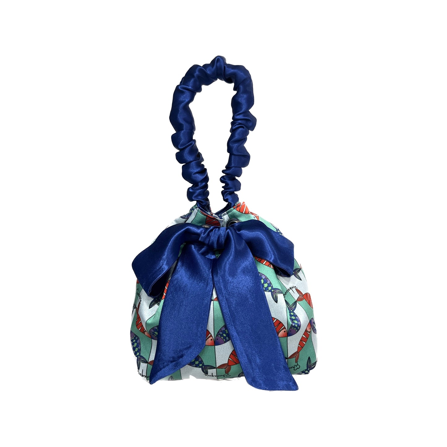 BLUE SATIN & FISHEVRON MOTIF MINI REVERSIBLE BUCKET BAG