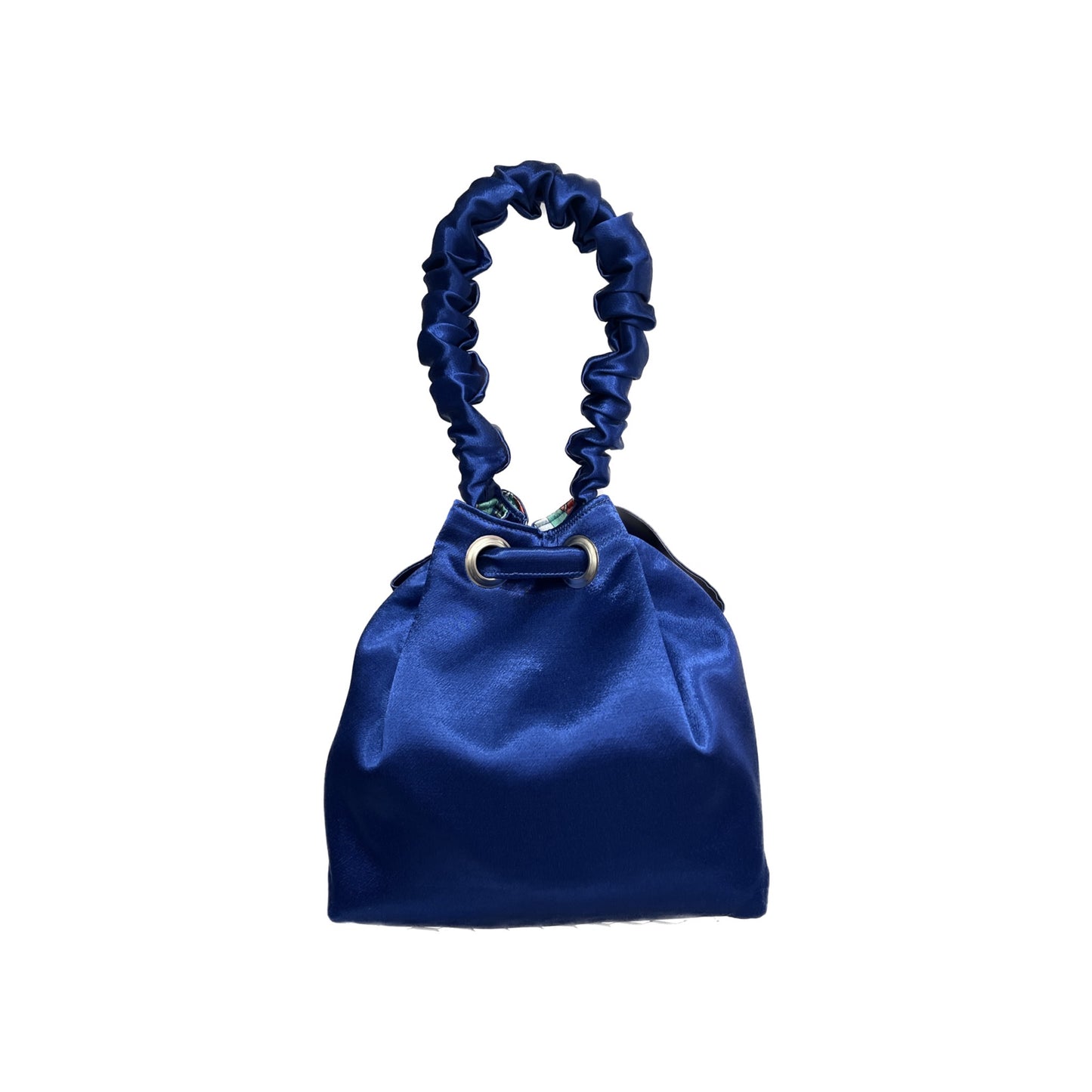 BLUE SATIN & FISHEVRON MOTIF MINI REVERSIBLE BUCKET BAG