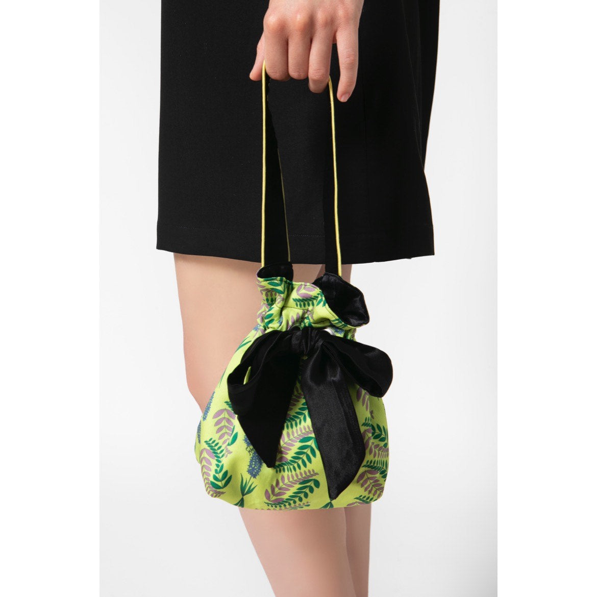 Black Satin & Flora Lime Mini Reversible Bucket Bag