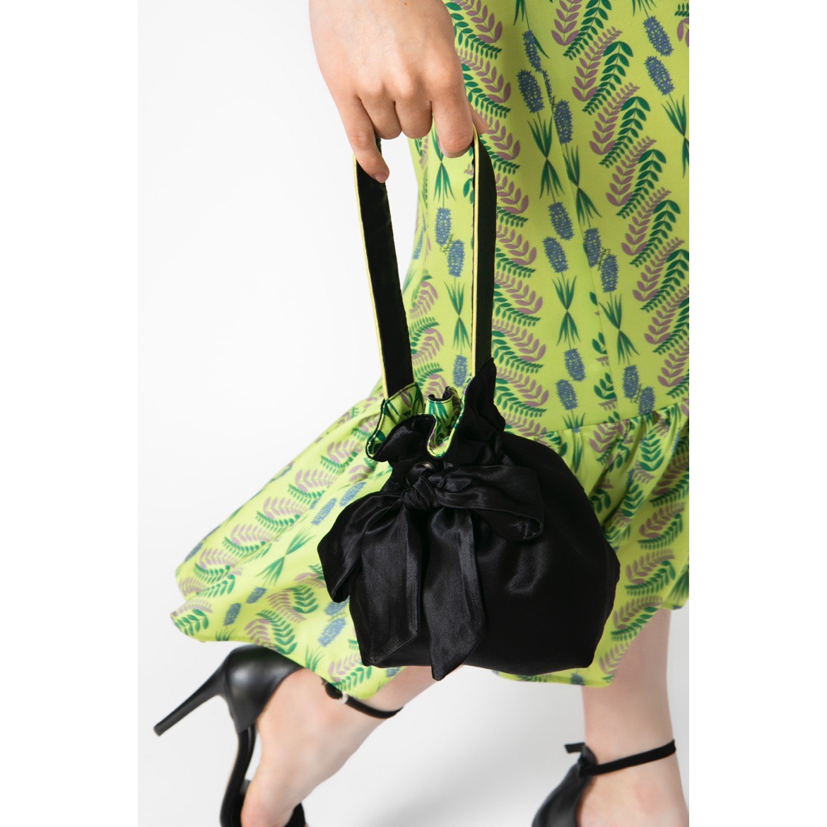 Black Satin & Flora Lime Mini Reversible Bucket Bag