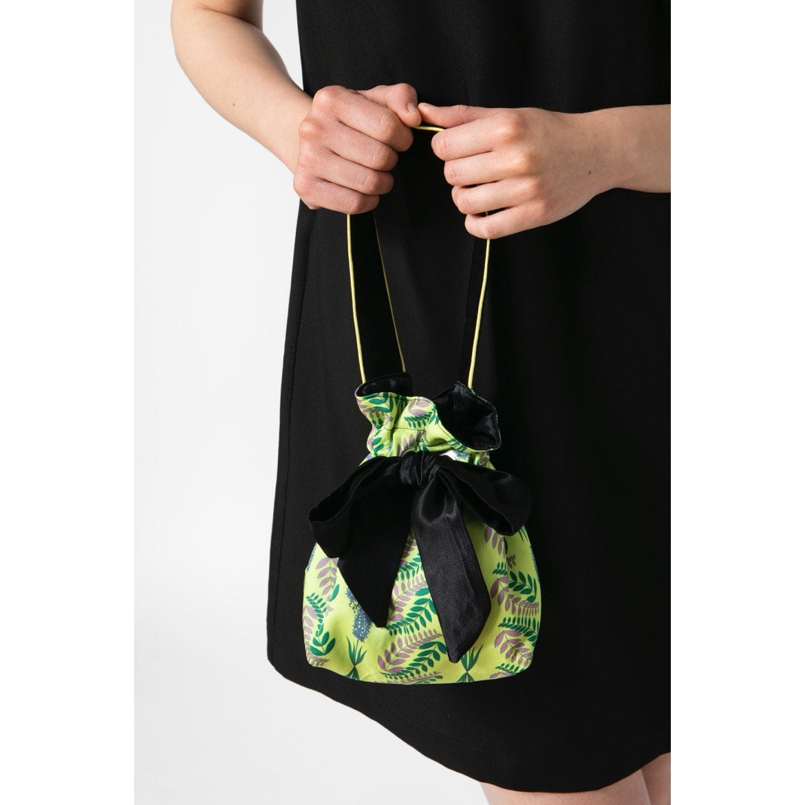 Black Satin & Flora Lime Mini Reversible Bucket Bag
