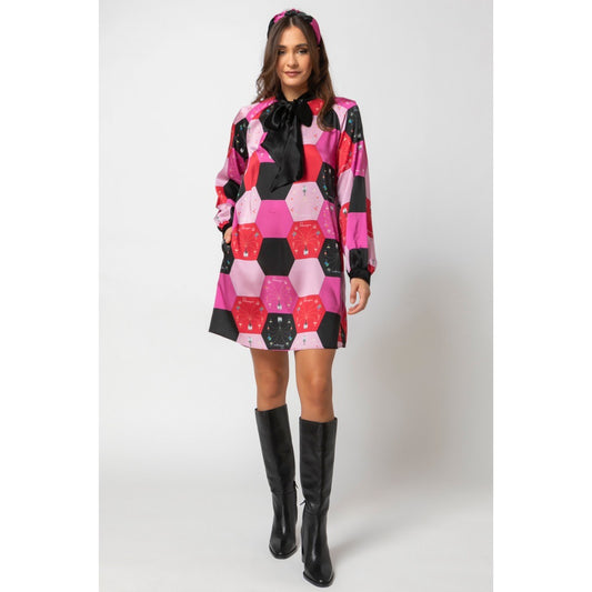 Penny Dress-Mini Printed Silky Dress with Satin Bow Tie