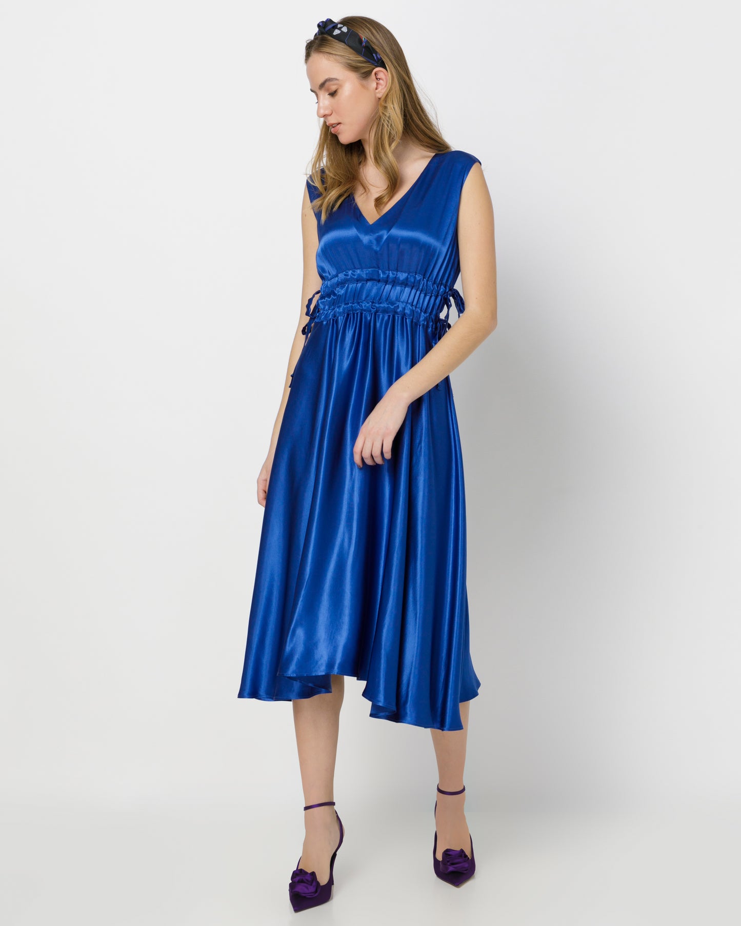 Lucinda Dress - Midi Ruched Satin Dress