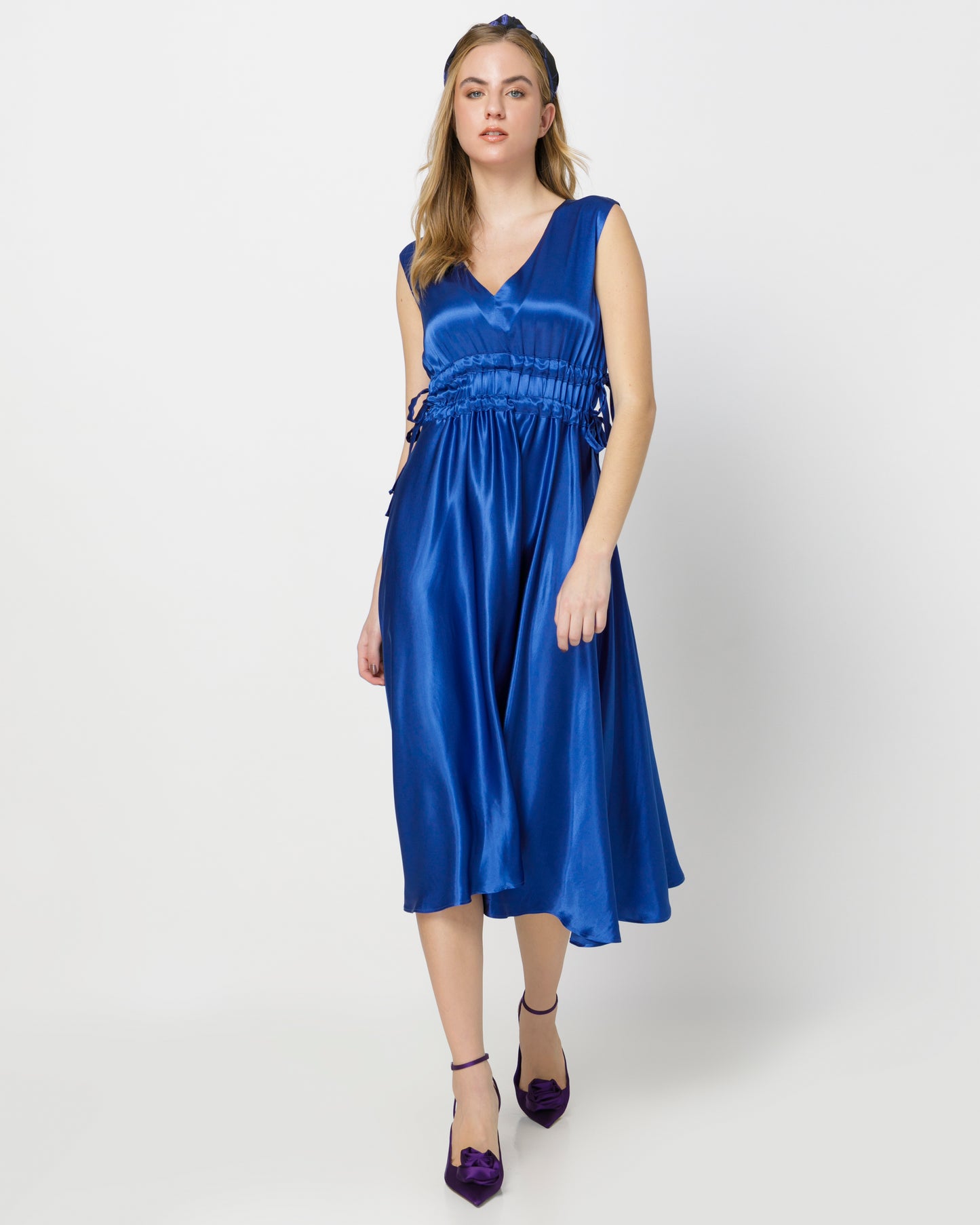 Lucinda Dress - Midi Ruched Satin Dress