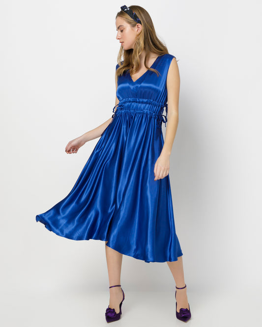 LUCINDA DRESS - MIDI RUCHED SATIN DRESS