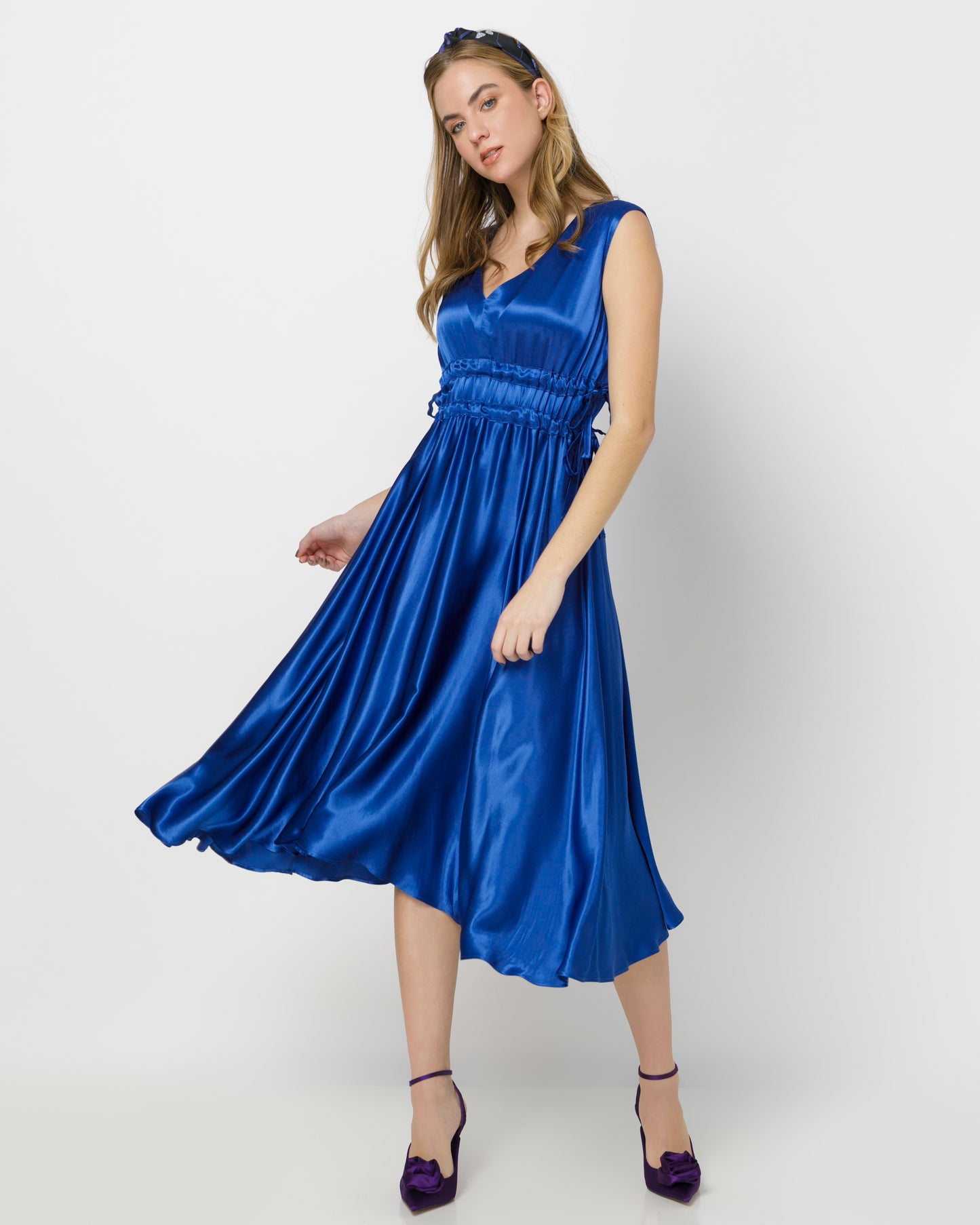 Lucinda Dress - Midi Ruched Satin Dress