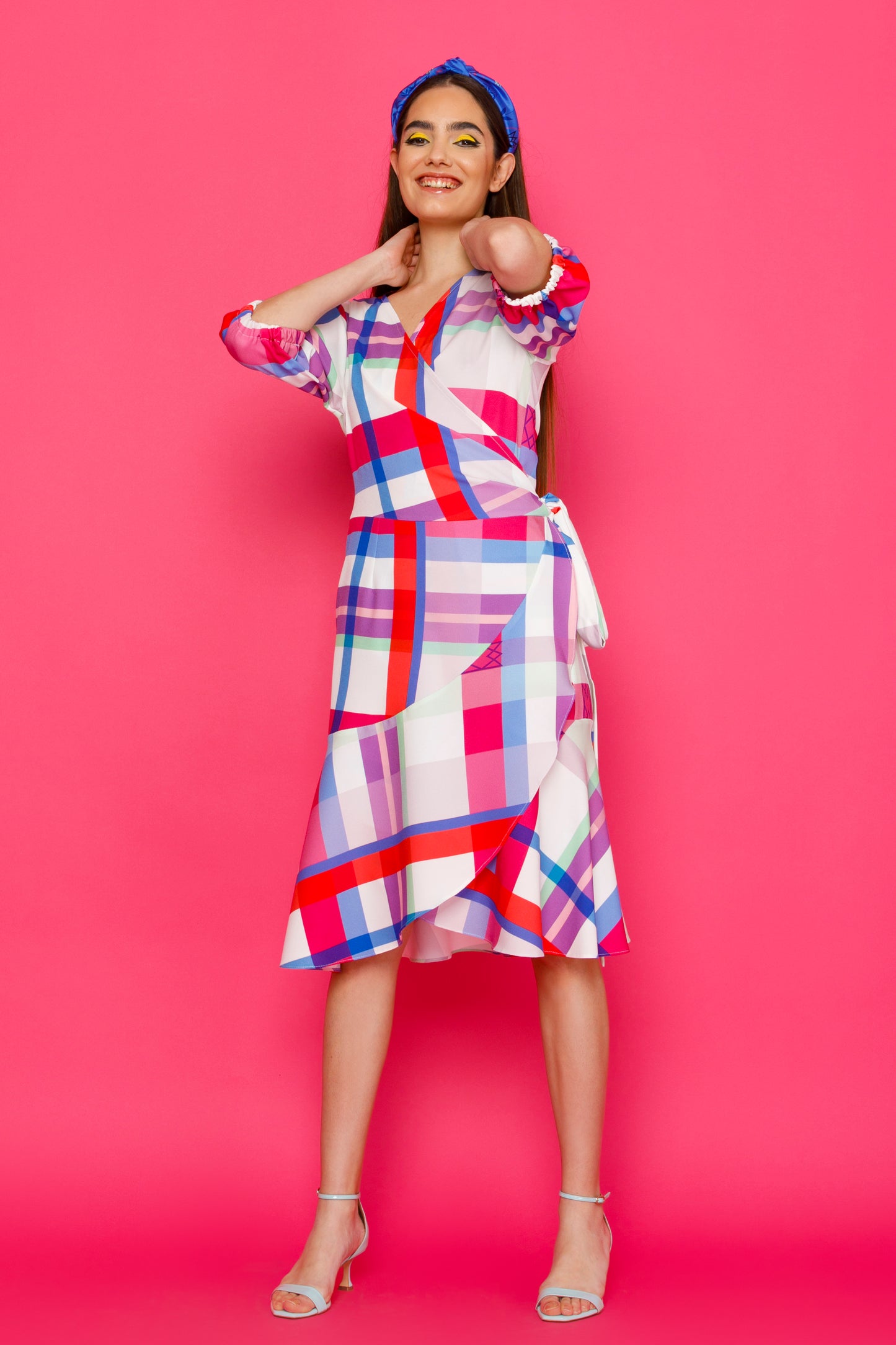 ALYSSA DRESS - MIDI WRAP PLAID DRESS WITH RUFFLED HEM