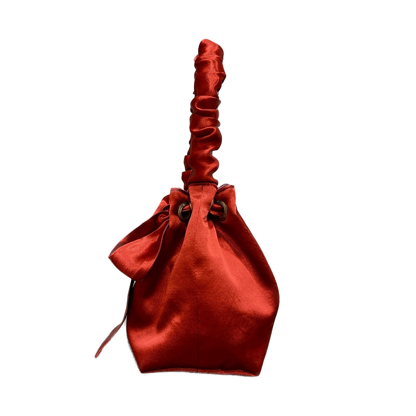RED SATIN & PAISLEY MOTIF REVERSIBLE MINI BUCKET BAG