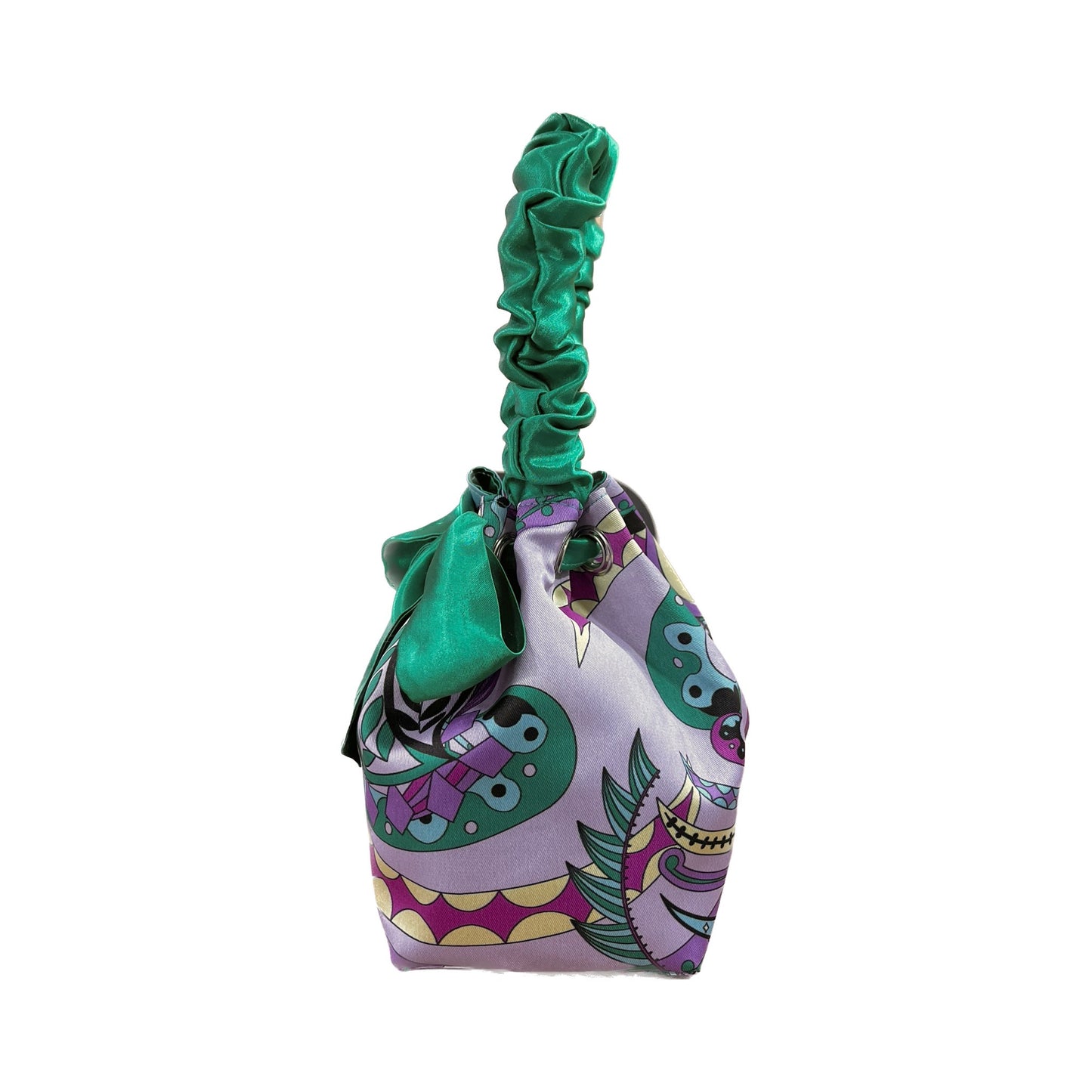 GREEN SATIN & PAISLEY MOTIF REVERSIBLE MINI BUCKET BAG
