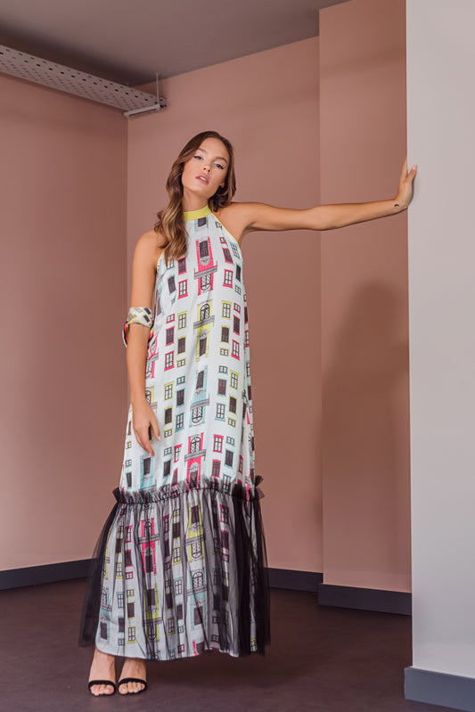 MAXI SATIN DRESS WITH TULLE FRILL