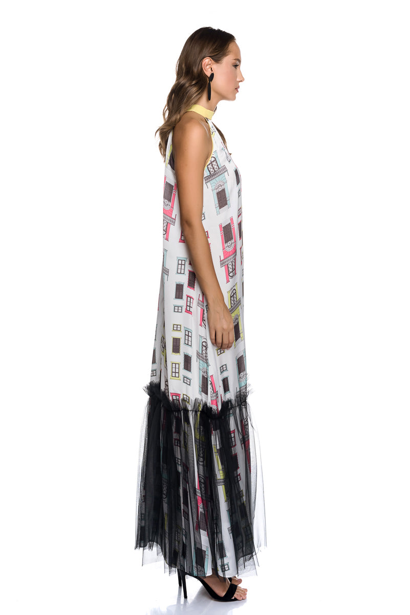 MAXI SATIN DRESS WITH TULLE FRILL