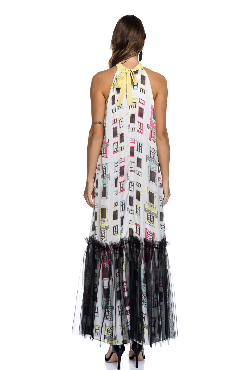 MAXI SATIN DRESS WITH TULLE FRILL