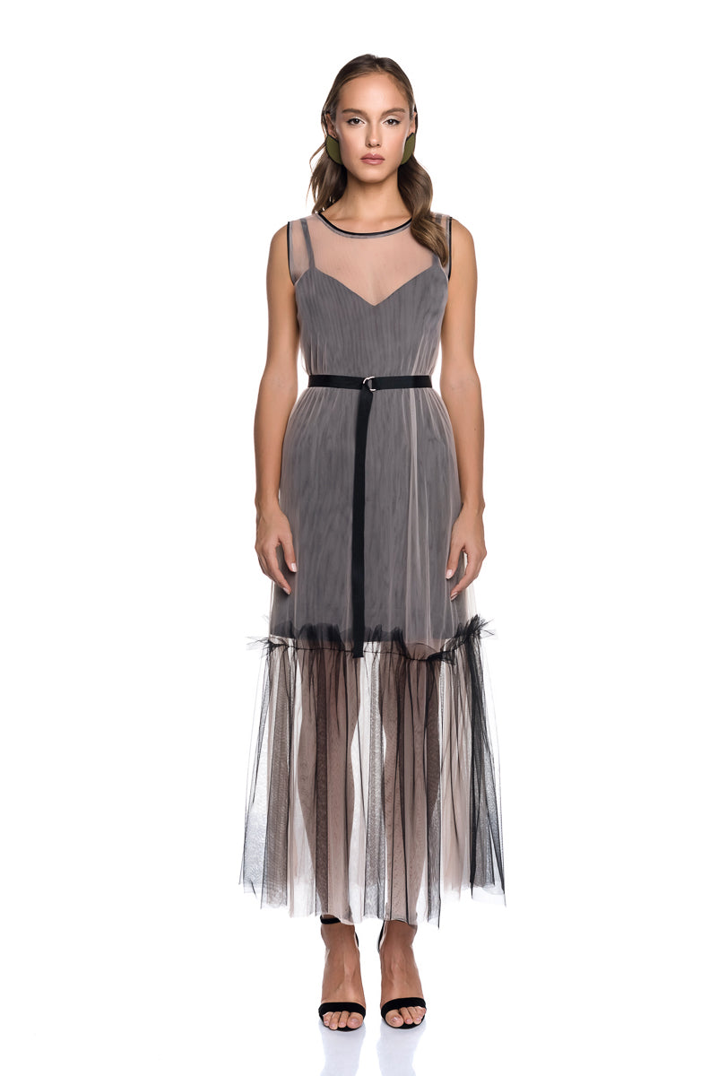 MAXI NUDE TULLE DRESS +LITTLE BLACK SATIN DRESS - 2 in 1 DRESS