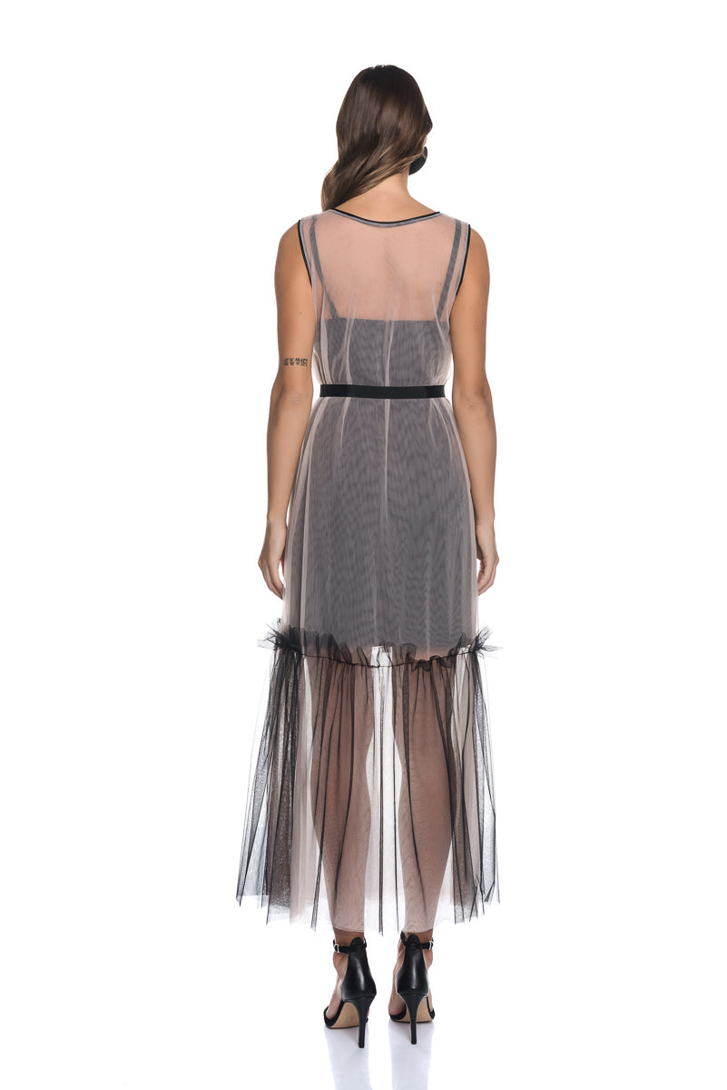 MAXI NUDE TULLE DRESS +LITTLE BLACK SATIN DRESS - 2 in 1 DRESS