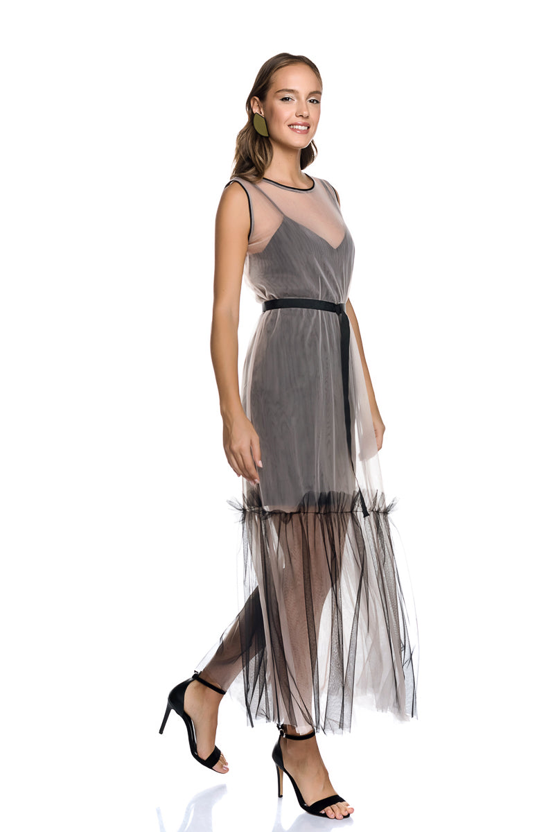 MAXI NUDE TULLE DRESS +LITTLE BLACK SATIN DRESS - 2 in 1 DRESS