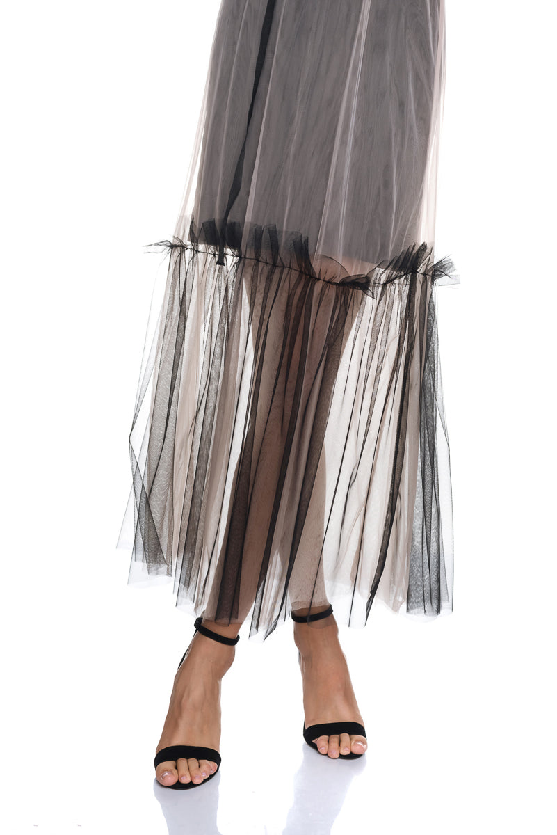 MAXI NUDE TULLE DRESS +LITTLE BLACK SATIN DRESS - 2 in 1 DRESS
