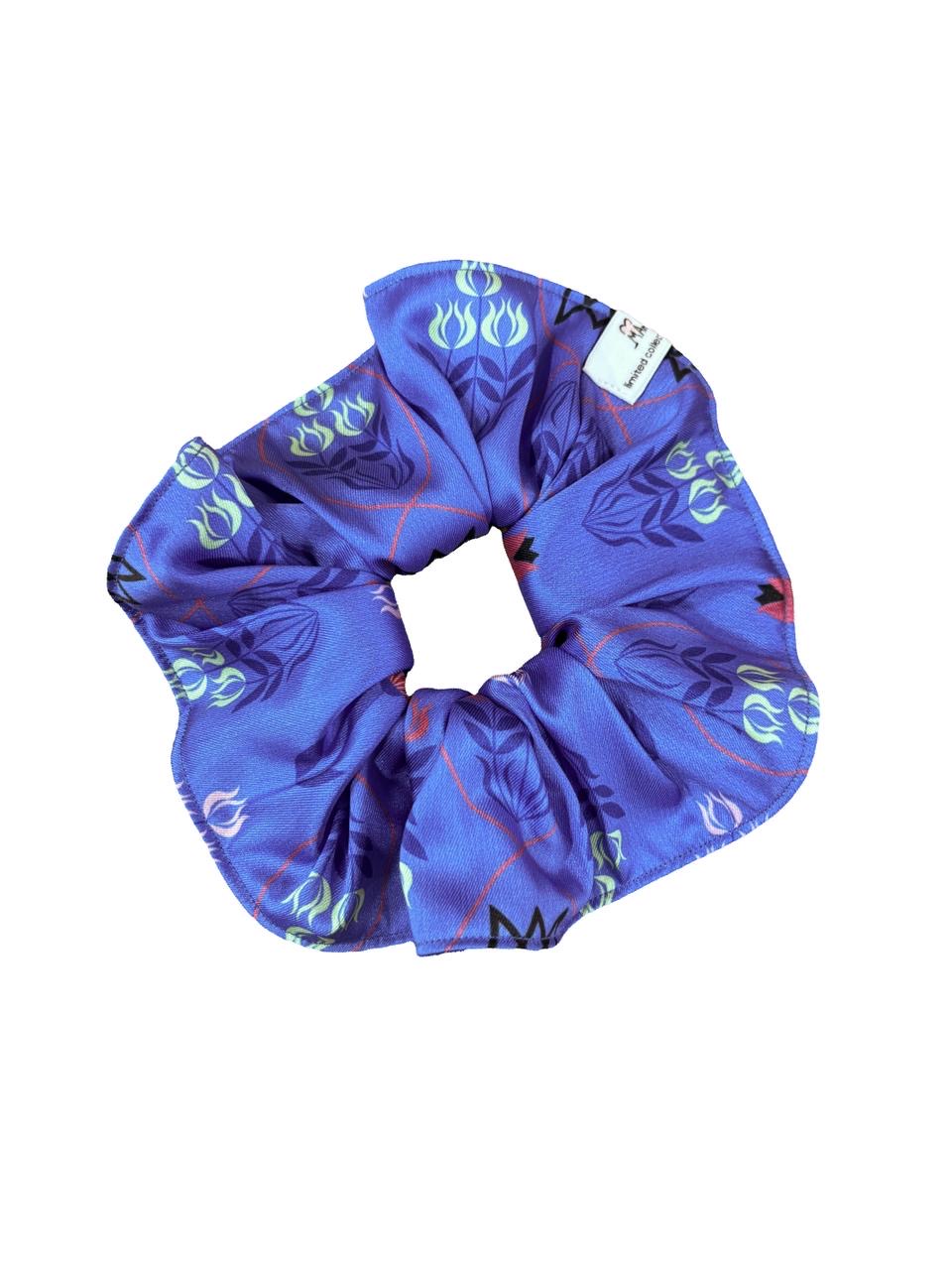 Retro Flowers Blue Silky Hair Scrunchie