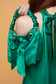 GREEN SATIN & PAISLEY MOTIF REVERSIBLE MINI BUCKET BAG