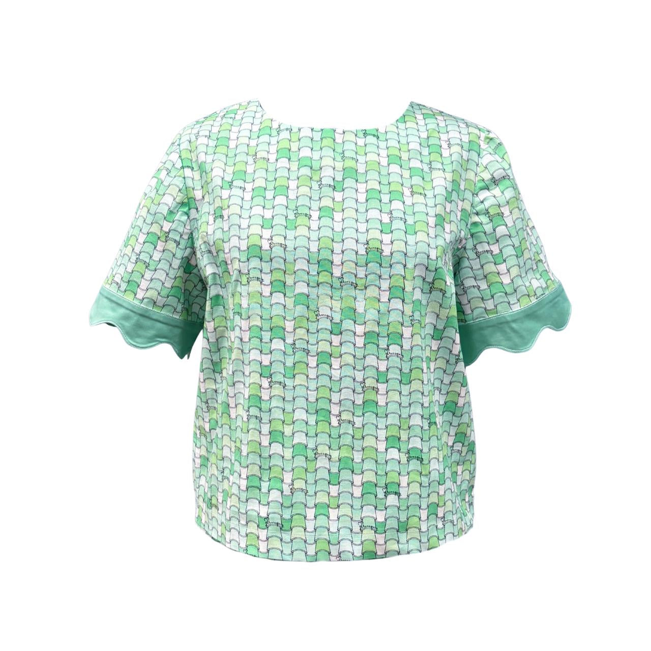 Robin Top v.3.1 - Short Sleeved Cotton Printed Top (Green Tiles)
