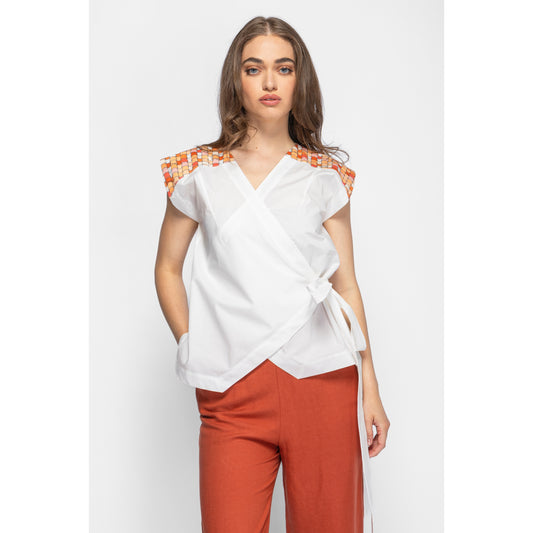 Sun Top - Wrap Cotton Top with Printed Details (Terracotta Tiles/White)