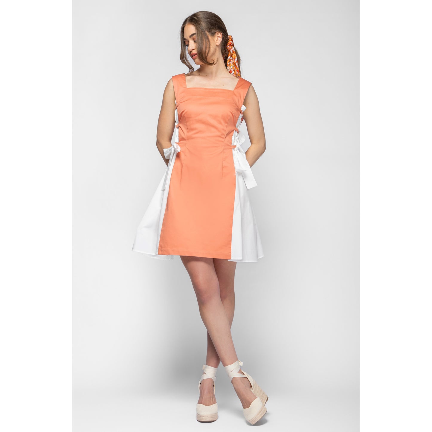 Bud Dress - Mini Cotton A-line Dress (Peach/White)