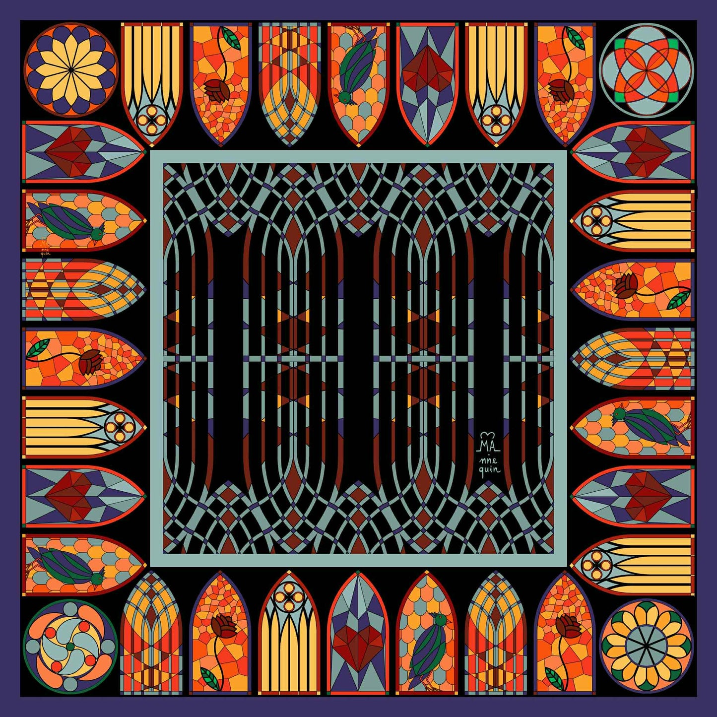 Stained Glass Printed Silk Scarf - 70x70cm