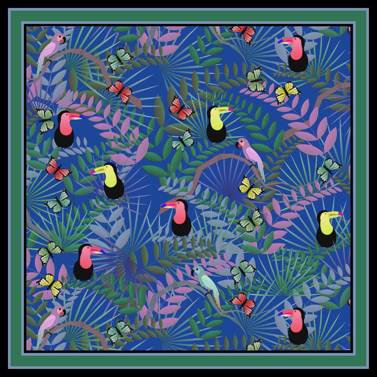 Fauna Blue Printed Silk Scarf - 50x50cm