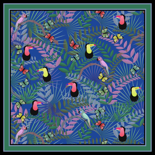 Fauna Blue Printed Silk Scarf - 50x50cm