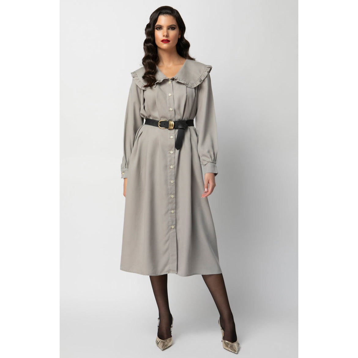 Elaine Dress - Maxi Shirt Dress with Ruffled Collar