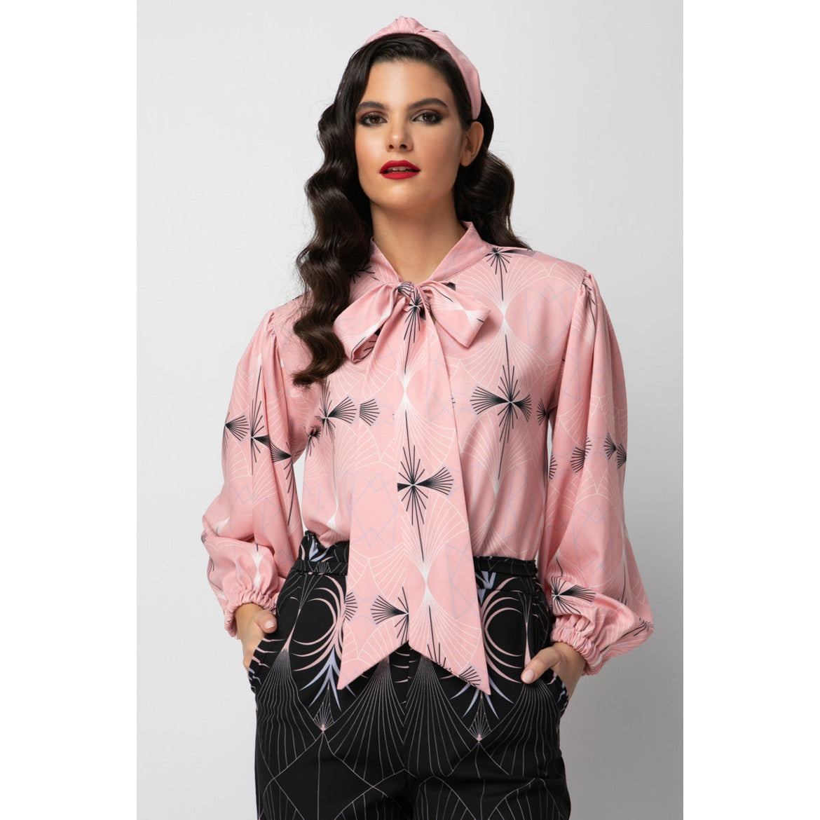 Josephine Top - Printed Pussy Bow Tie Top