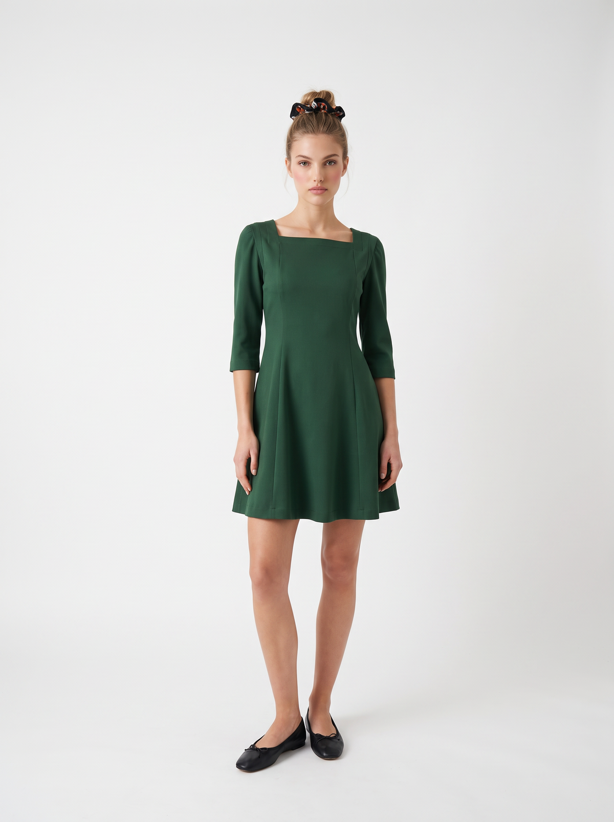Amable Dress - Mini Cotton Panelled A-line Dress with Long Sleeves