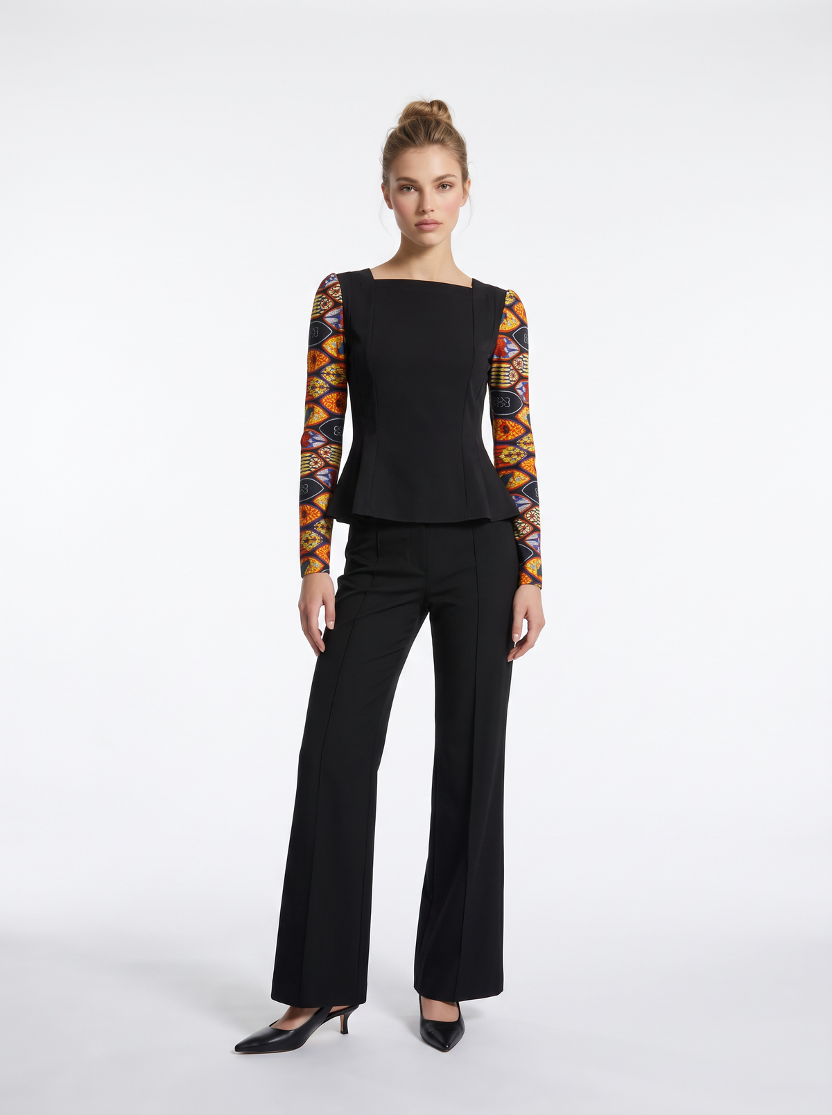 Caitlin Top - Panelled Cotton Top with Printed Sleeves