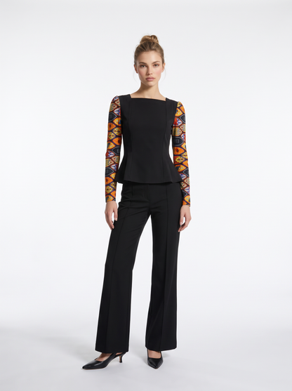 Caitlin Top - Panelled Cotton Top with Printed Sleeves