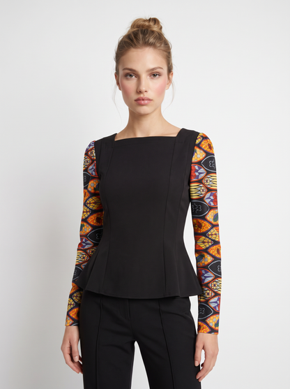 Caitlin Top - Panelled Cotton Top with Printed Sleeves