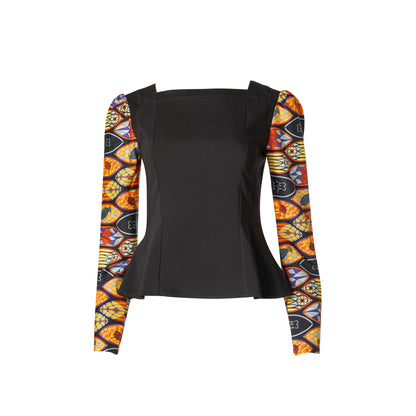 Caitlin Top - Panelled Cotton Top with Printed Sleeves
