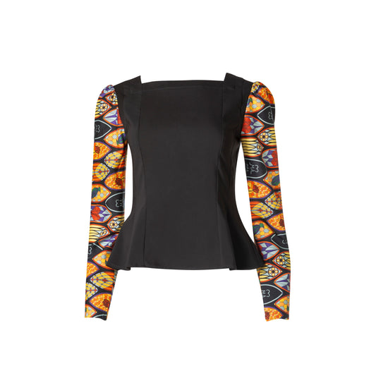 Caitlin Top - Panelled Cotton Top with Printed Sleeves