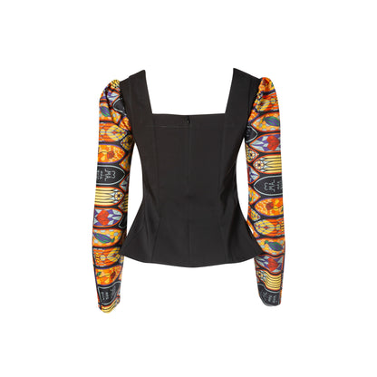 Caitlin Top - Panelled Cotton Top with Printed Sleeves