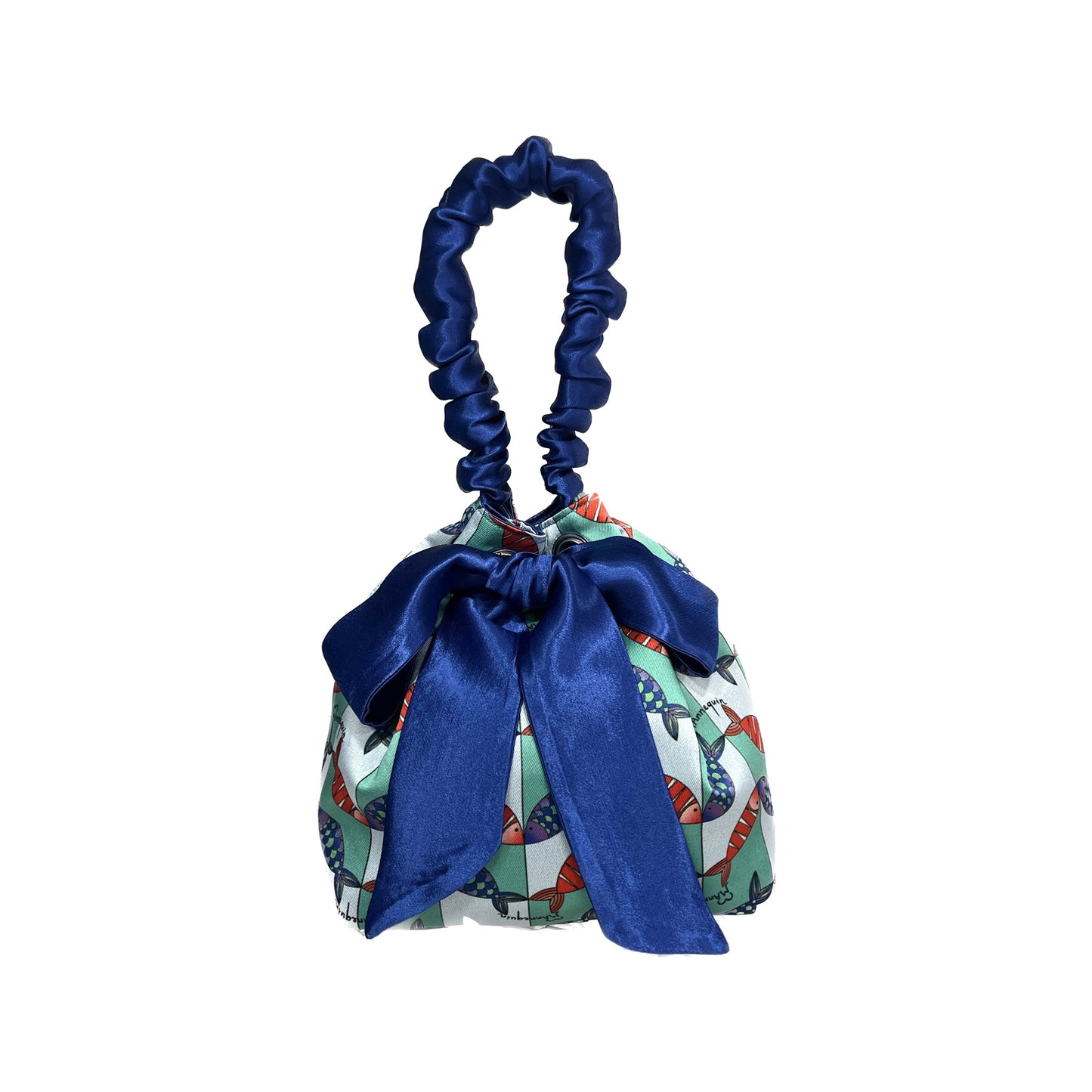 Satin Blue & Fishevron Mini Reversible Bucket Bag