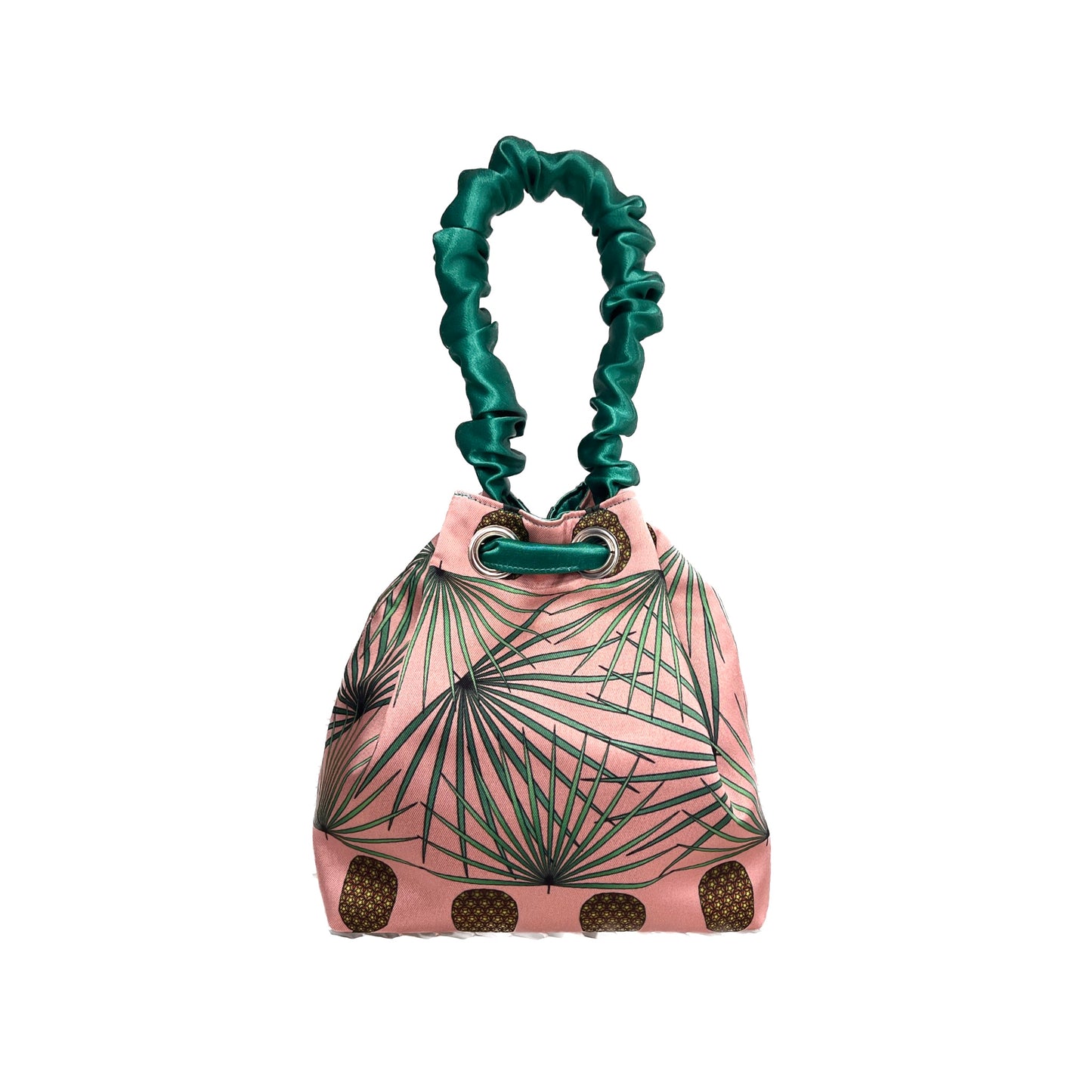Satin Emerald Green & MAnanas Mini Reversible Bucket Bag